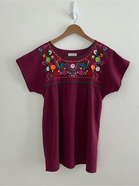 Embroidered Boho Tunic in Berry with Floral Yoke